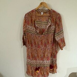 Echo Silk Blend Cover Up Women's LG Coral Pink Paisley Tasseled Boho Resort